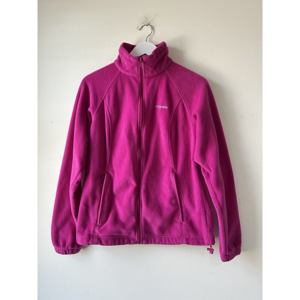 Columbia Women's Bright Pink Fleece Full Zip Jacket High Mock Neck Pockets Sz L